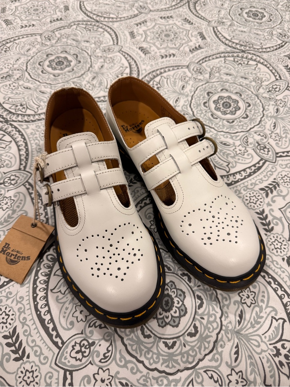 Dr. Martens Women’s White Leather T-Bar Mary Jane Shoes with Yellow Stitching